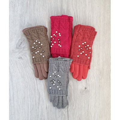 Трикотажні підліткові рукавиці з плетеним верхом, 6-16 років, модель "бусінка"