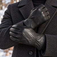 Чоловічі рукавиці з натуральної шкіри на махрі - модель "резинка"
