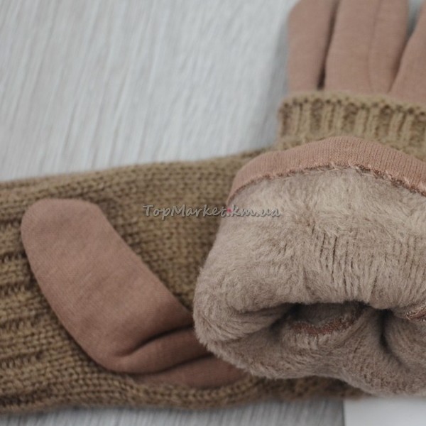 Трикотажні підліткові рукавиці з плетеним верхом, 6-16 років, модель "бусінка"