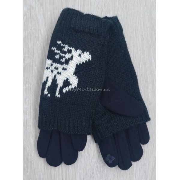 Трикотажні підліткові рукавиці з плетеним верхом, 6-16 років, модель "олені"
